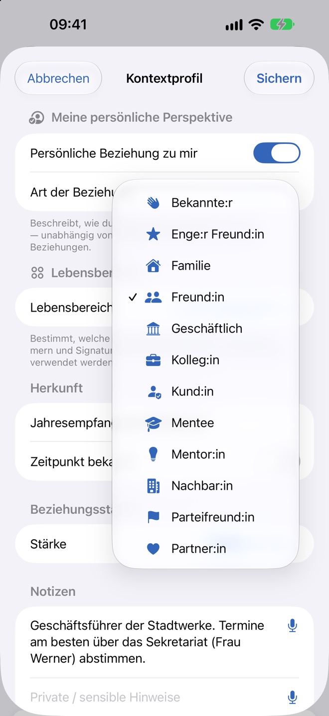 Auswahl der Beziehungsart, zum Beispiel Freund:in oder Geschäftlich