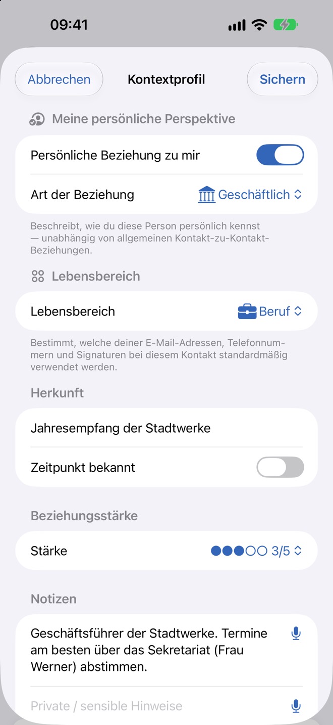 Blatt „Kontextprofil“ mit Beziehung, Lebensbereich, Herkunft und Beziehungsstärke