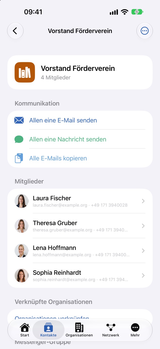 Listenkopf mit Kommunikation und Mitgliedern samt E-Mail und Telefon
