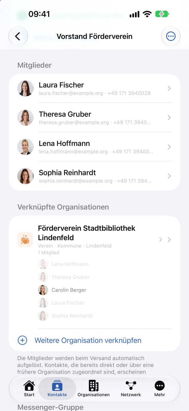 Mitglieder und verknüpfte Organisation mit Vorschau ihrer Mitglieder