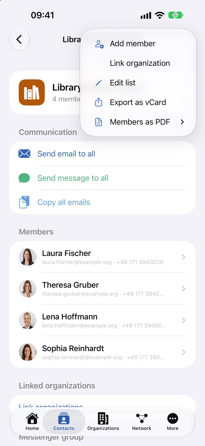 Menu « … » de la liste, avec en dessous le groupe de messagerie et le rappel de liste