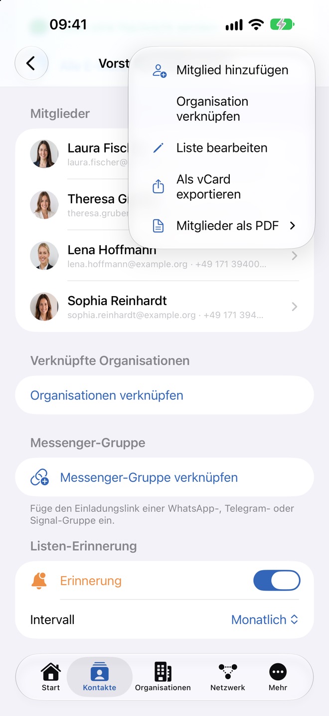 Menü „…“ der Liste, darunter Messenger-Gruppe und Listen-Erinnerung