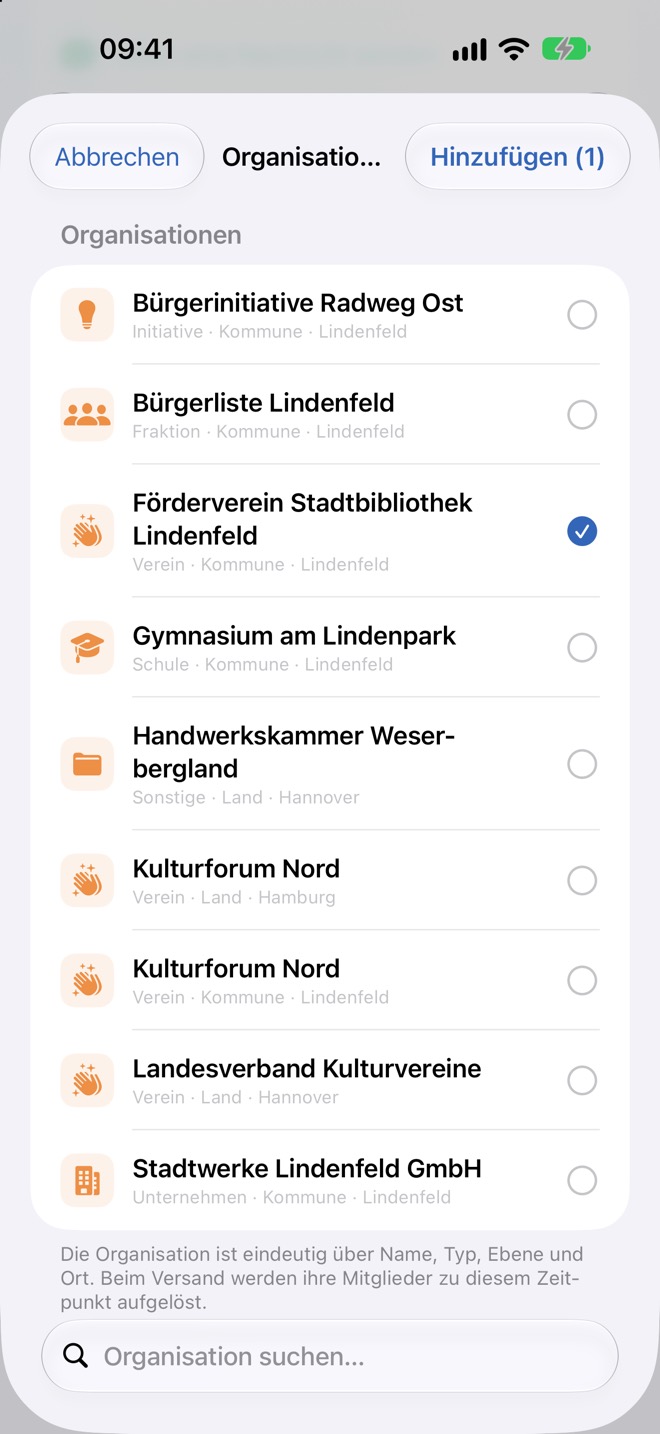 Auswahl der Organisationen mit einer markierten Organisation und „Hinzufügen (1)“