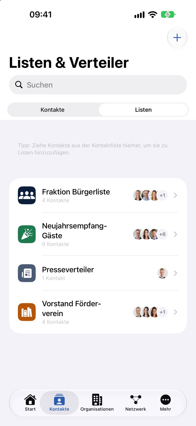 Übersicht „Listen & Verteiler“ mit farbigen Listen und Kontaktzahlen