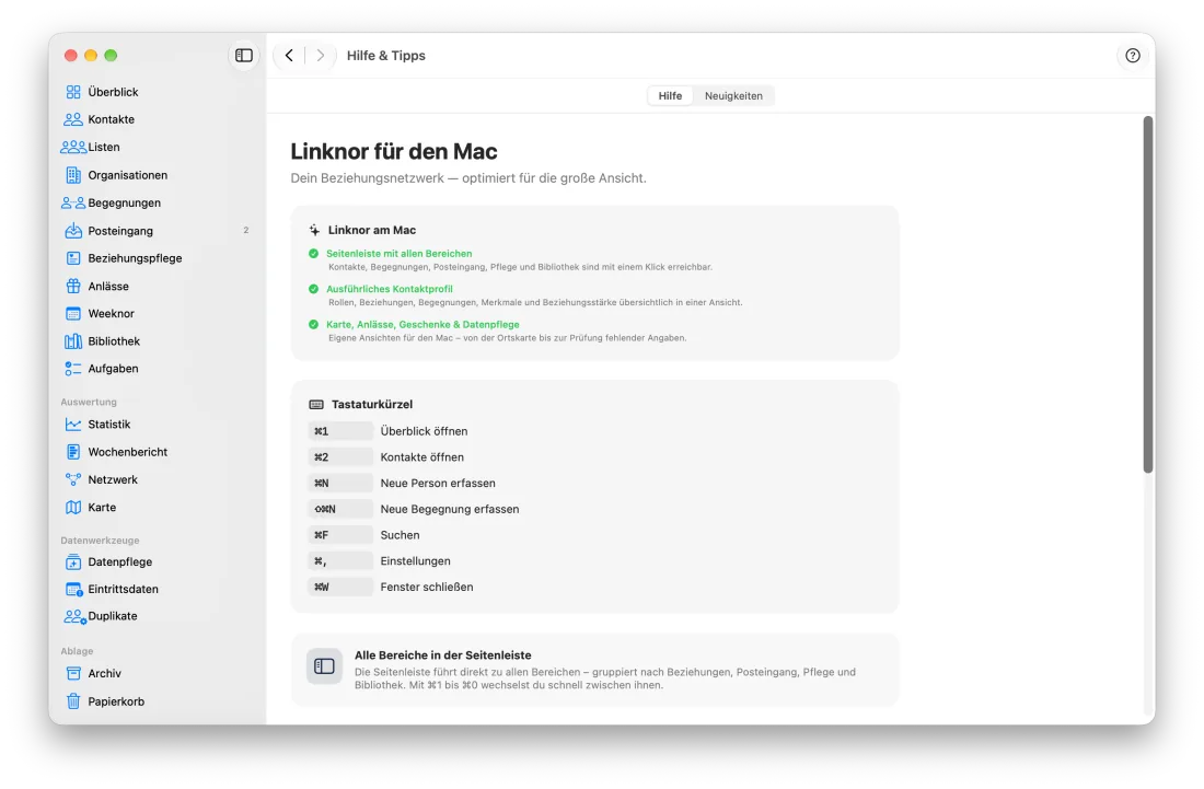Hilfe in der App mit Tipps und Tastaturkürzeln