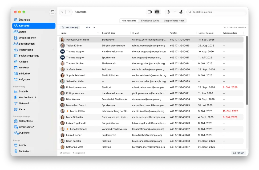 Kontakte als Tabelle