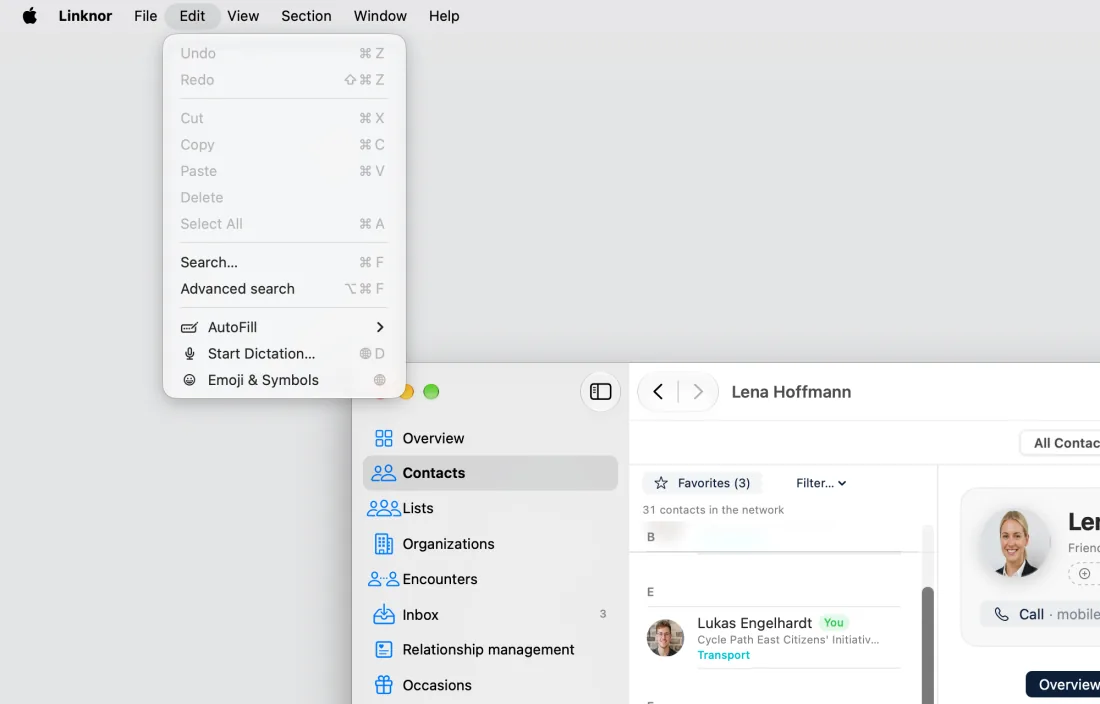 Edit menu with search and advanced search
