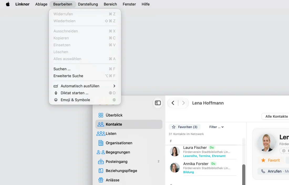 Menü Bearbeiten mit Suche und erweiterter Suche