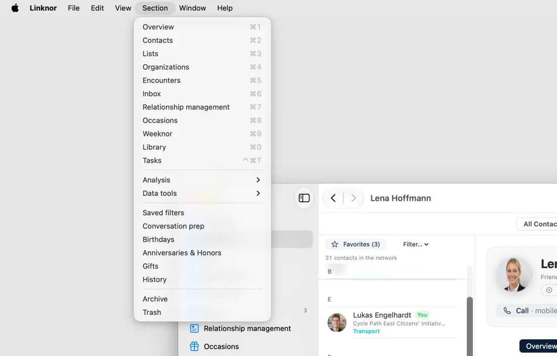 Section menu with all sections and shortcuts
