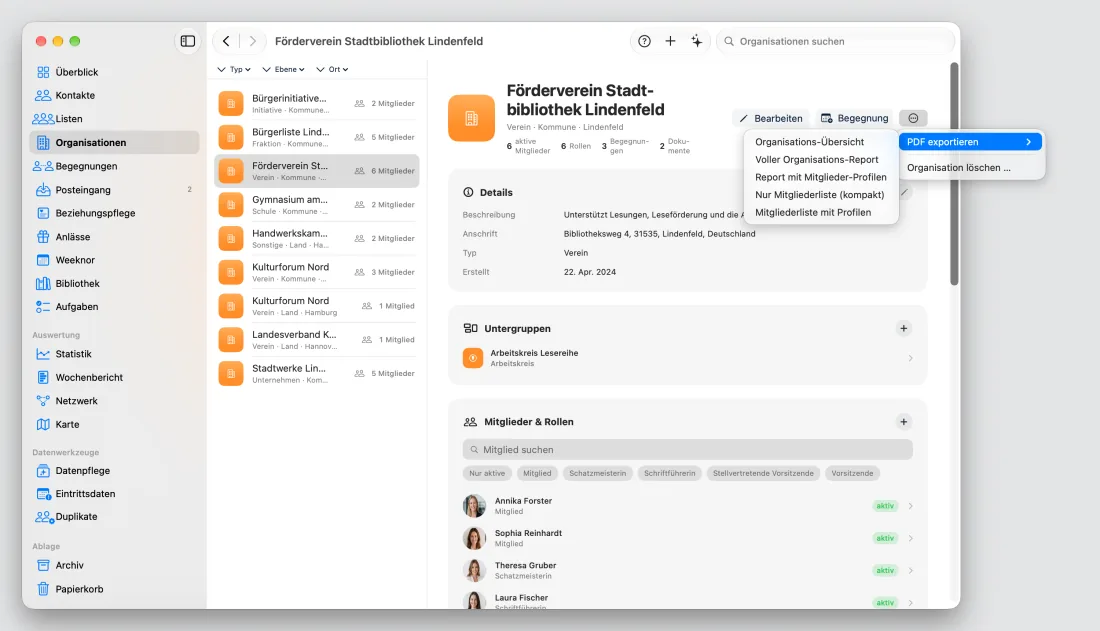PDF-Export einer Organisation