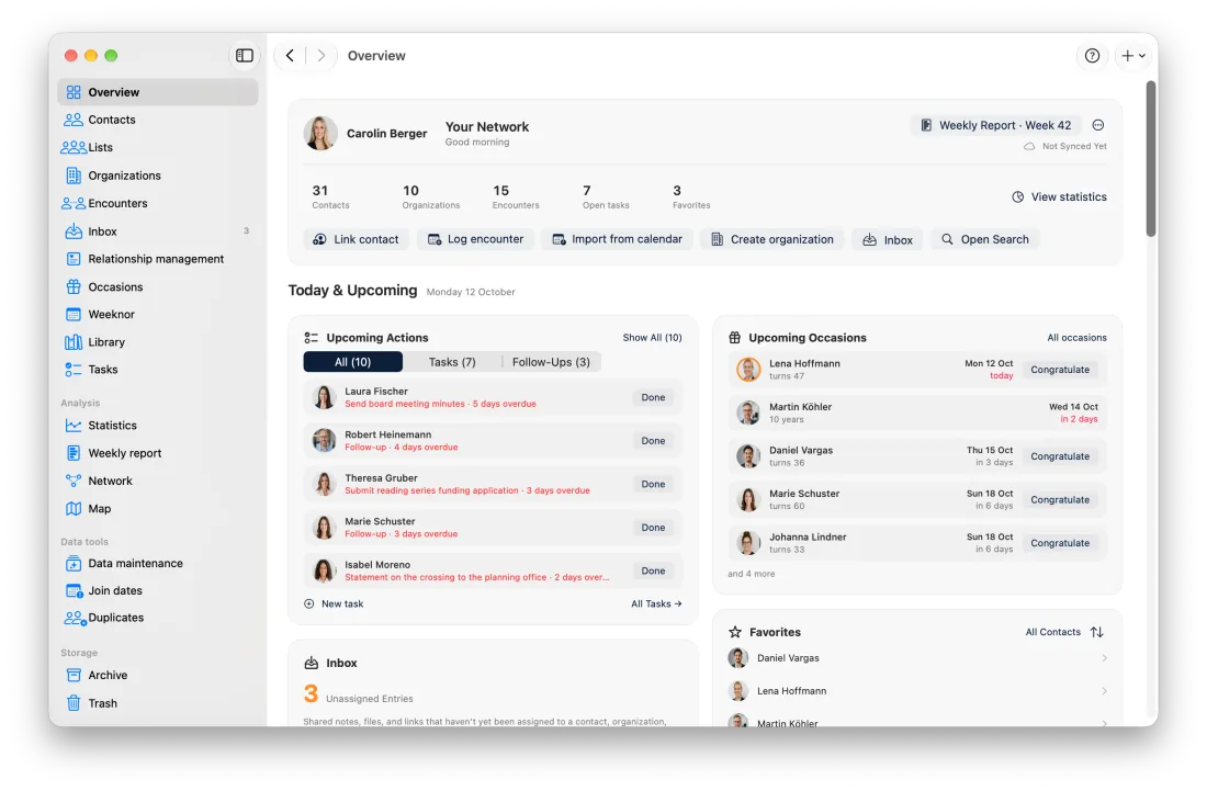 Overview with header card, quick actions and “Today & Upcoming”