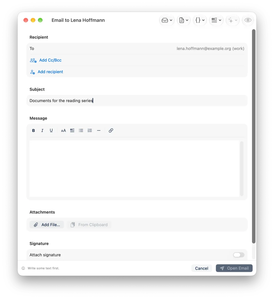 Editor email in una finestra propria