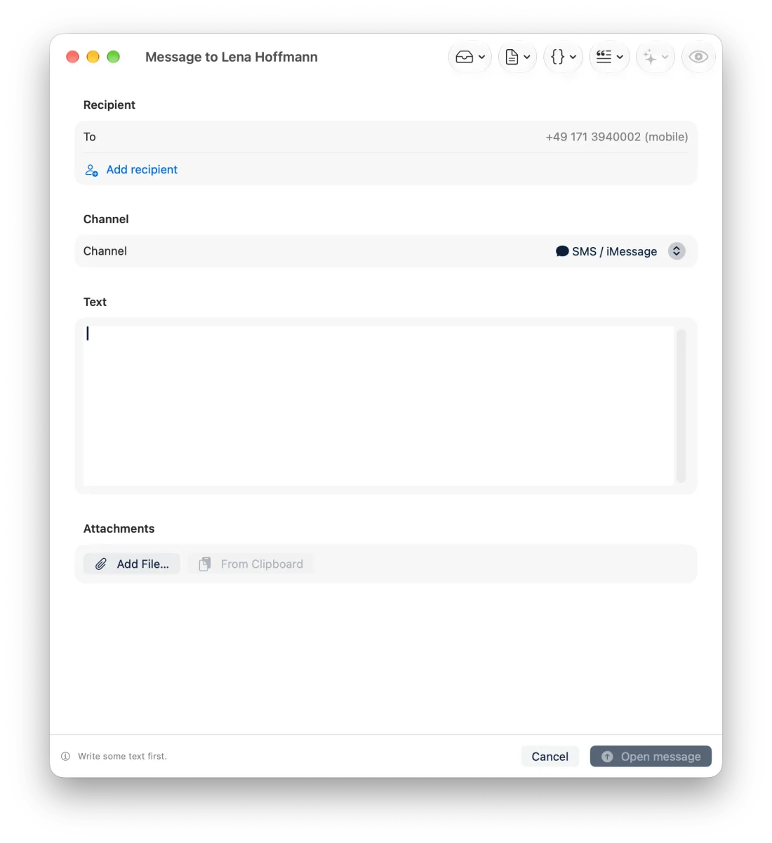 Editor messaggi con scelta del canale