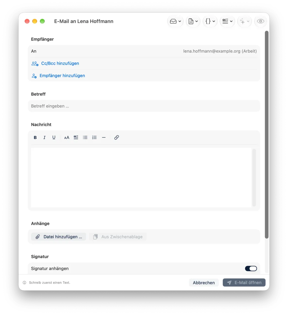 Verfasser für E-Mails im eigenen Fenster