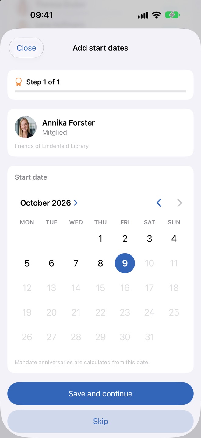 Asistente «Añadir fechas de inicio» con calendario para la fecha de inicio