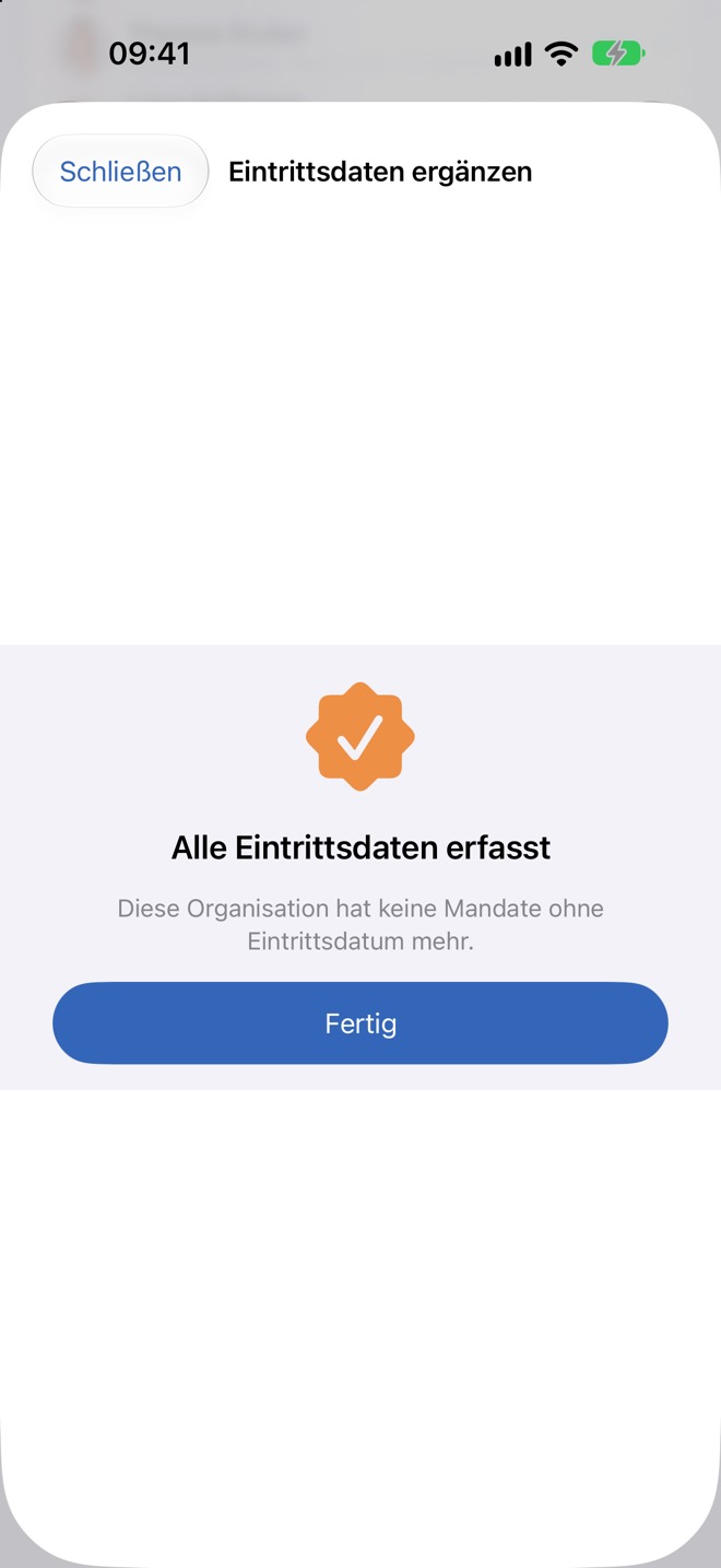 Abschluss „Alle Eintrittsdaten erfasst“ mit dem Knopf „Fertig“