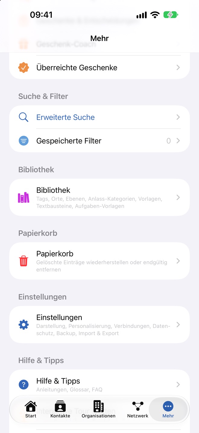 Weiter unten: Suche & Filter, Bibliothek, Papierkorb, Einstellungen, Hilfe & Tipps.