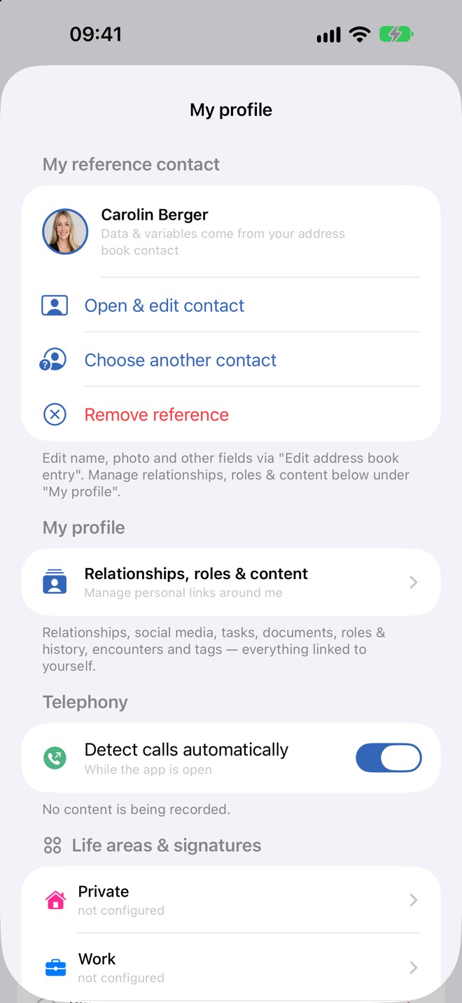 Pannello «Il mio profilo»: contatto di riferimento, relazioni e telefonia.