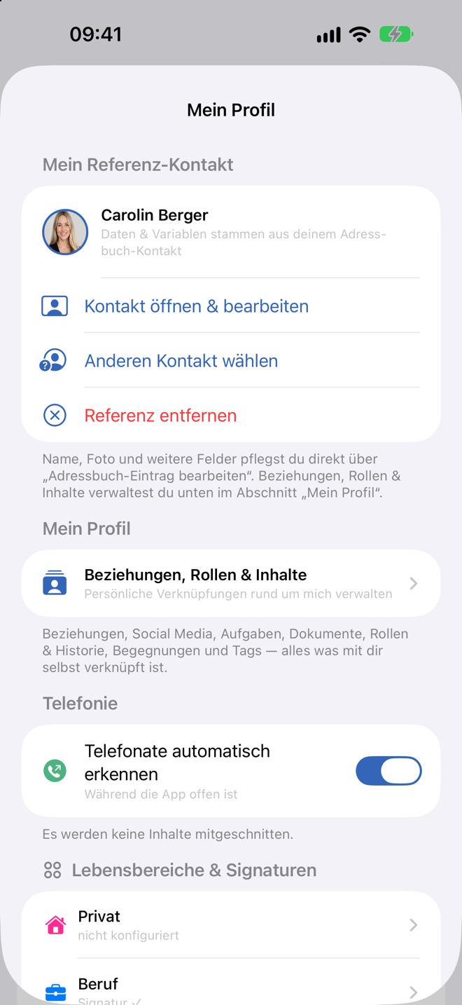 Blatt „Mein Profil“: Referenz-Kontakt, Beziehungen und Telefonie.