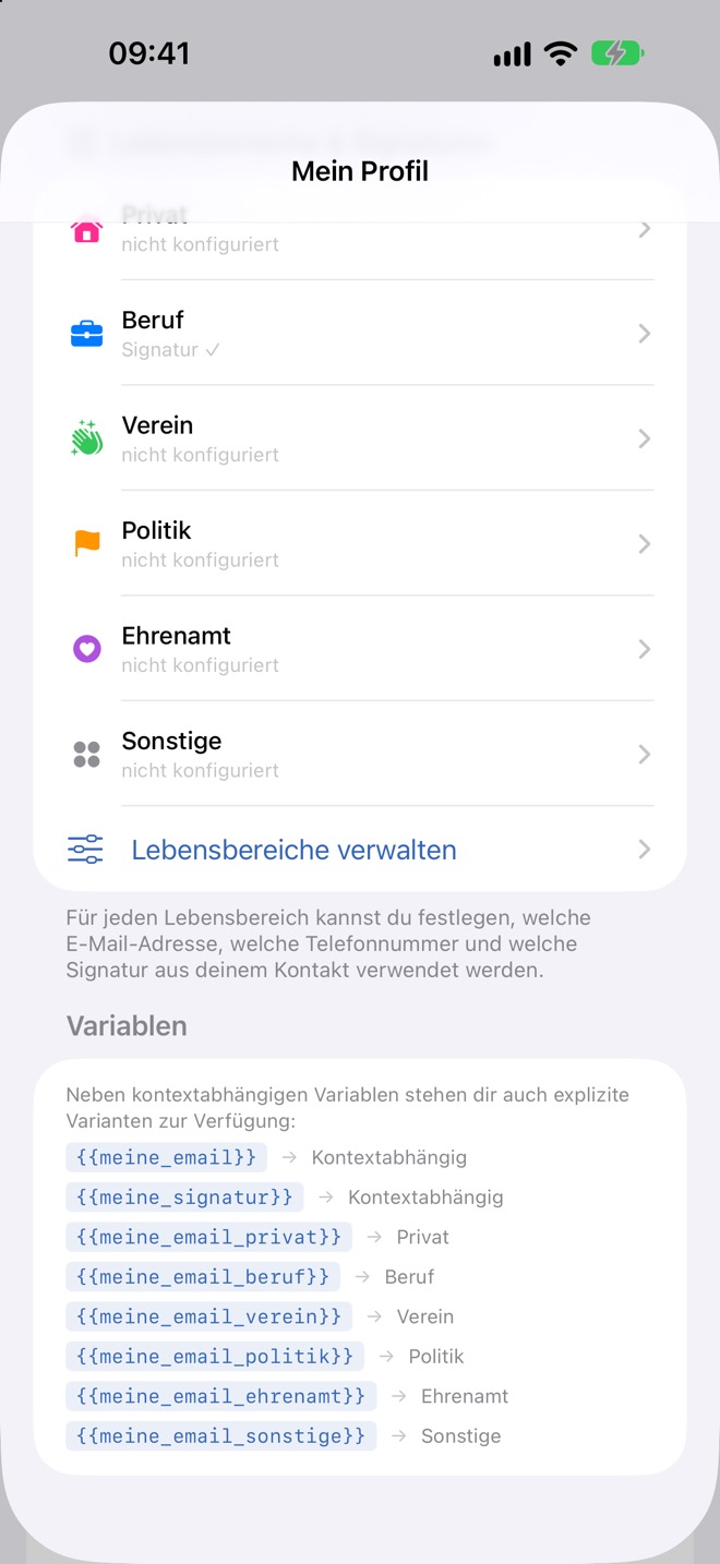 Lebensbereiche mit Signatur-Status und die Übersicht der Variablen.