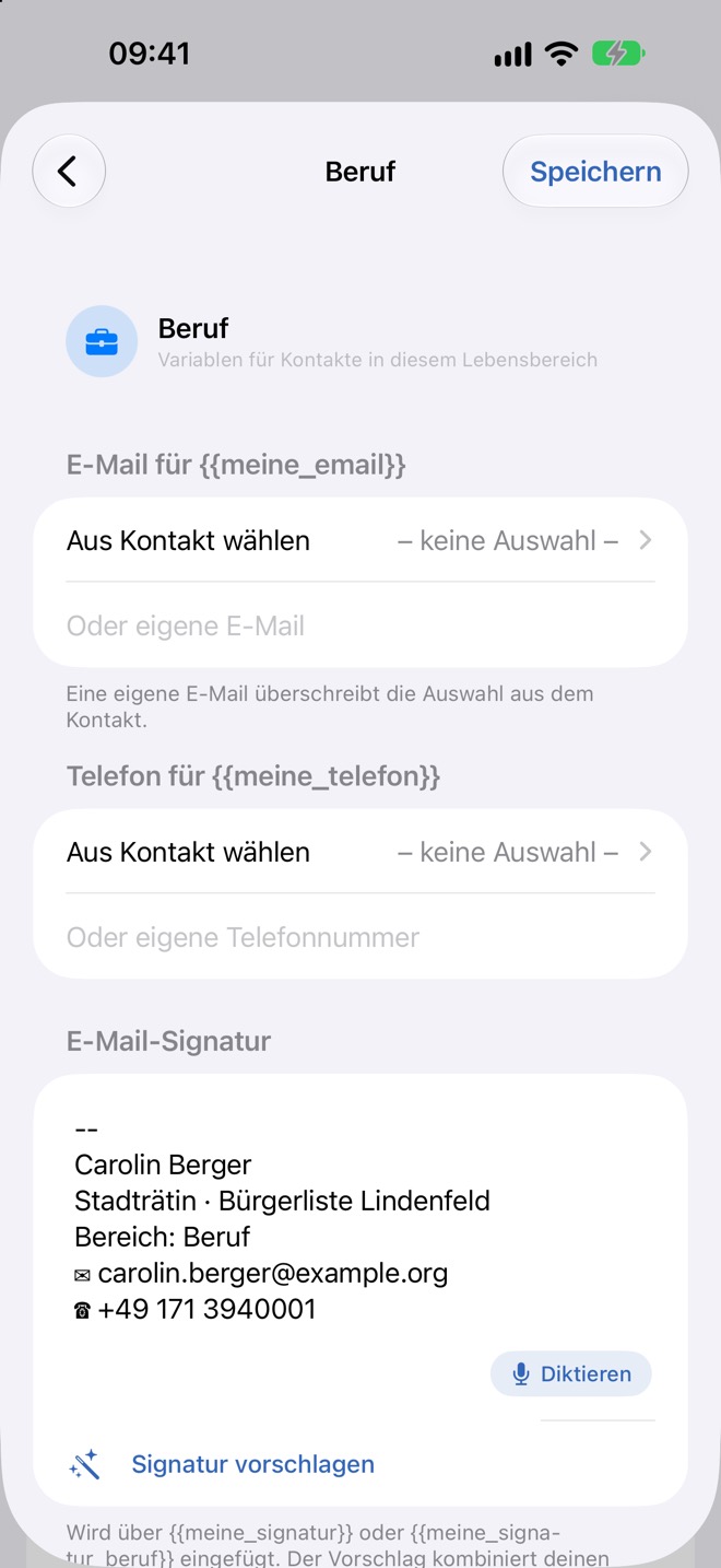 Lebensbereich „Beruf“: E-Mail, Telefon und E-Mail-Signatur festlegen.