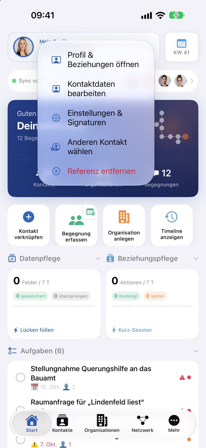 Das Menü der Karte „Mein Profil“ mit allen Aktionen.