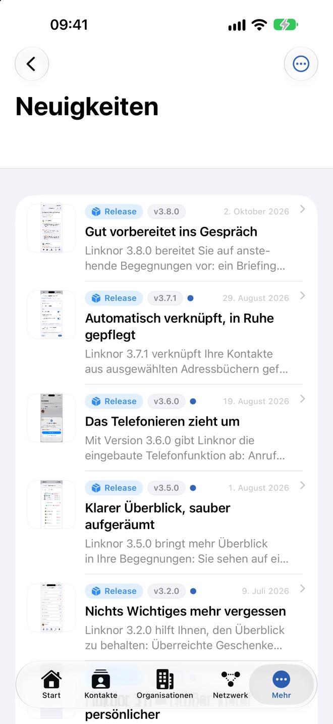 Die Liste der Neuigkeiten mit Kategorie und Datum.