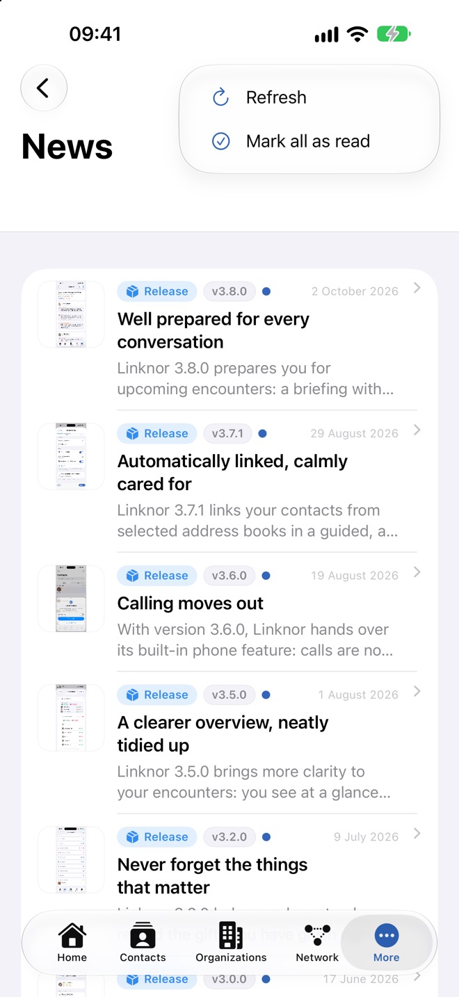 Le menu avec « Actualiser » et « Tout marquer comme lu ».