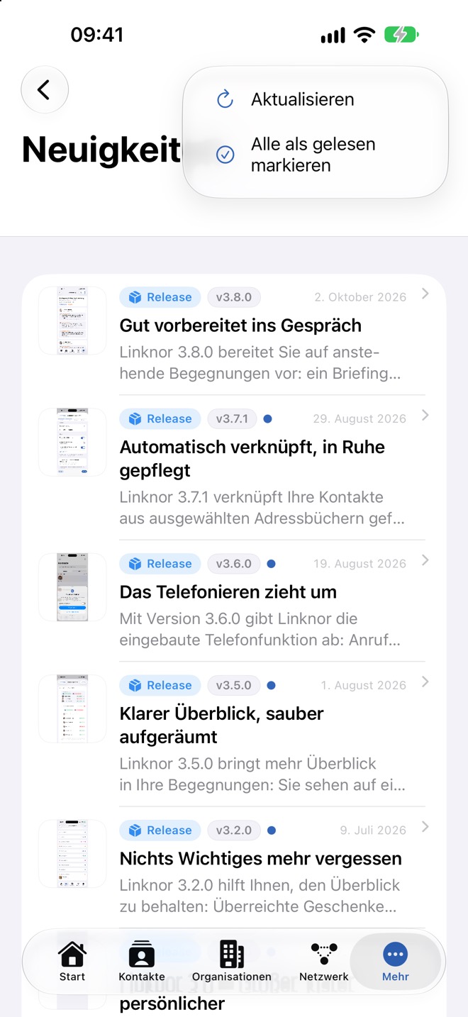 Das Menü mit „Aktualisieren“ und „Alle als gelesen markieren“.