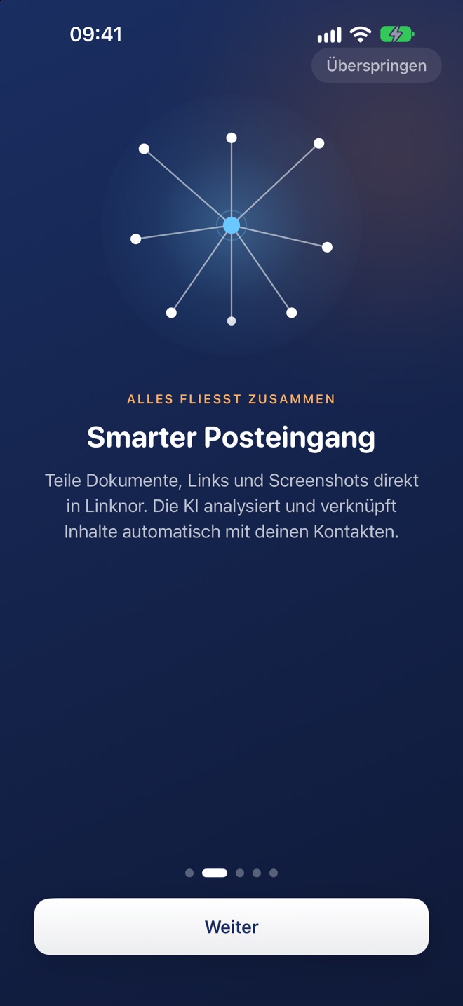 Seite 2: „Smarter Posteingang“ – Inhalte teilen und mit Kontakten verknüpfen.