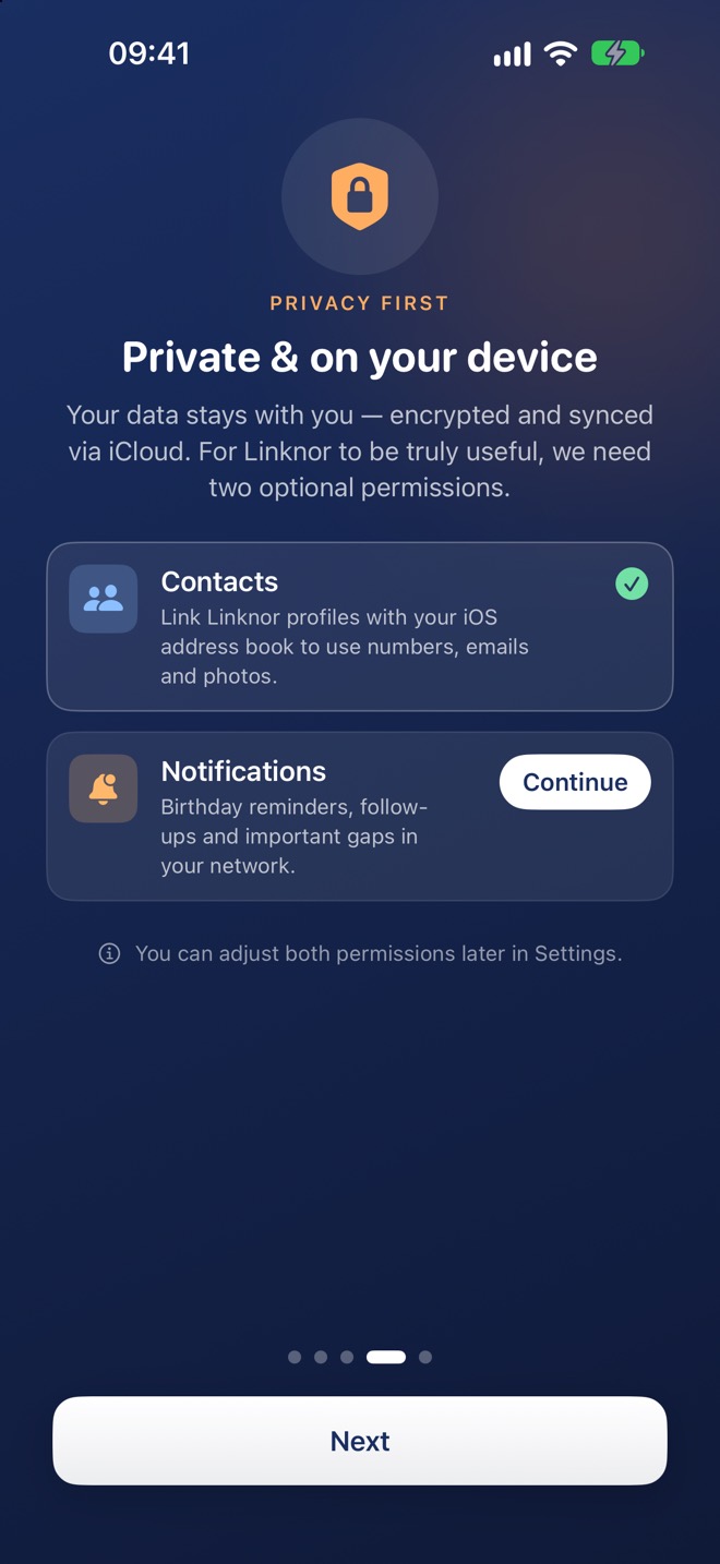 La pagina 4 chiede l’accesso a contatti e notifiche.