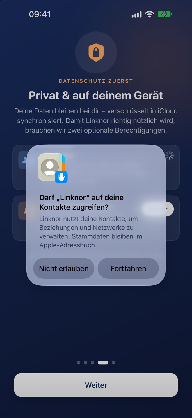 Die Systemabfrage zum Kontaktzugriff mit „Nicht erlauben“ und „Fortfahren“.