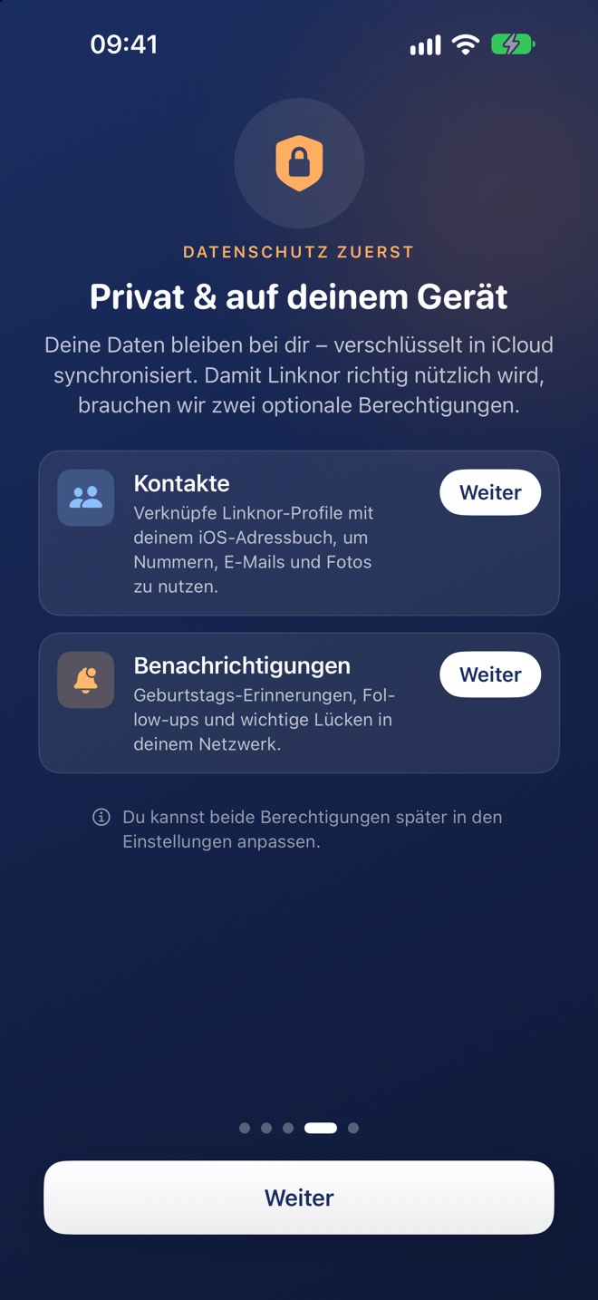 Seite 4 fragt nach dem Zugriff auf Kontakte und Benachrichtigungen.