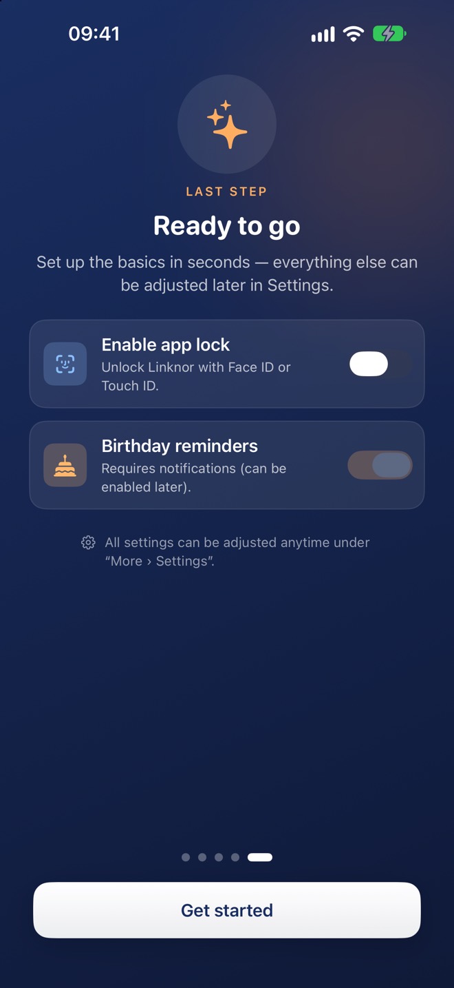 Ultima pagina: blocco app e promemoria dei compleanni, poi «Inizia».