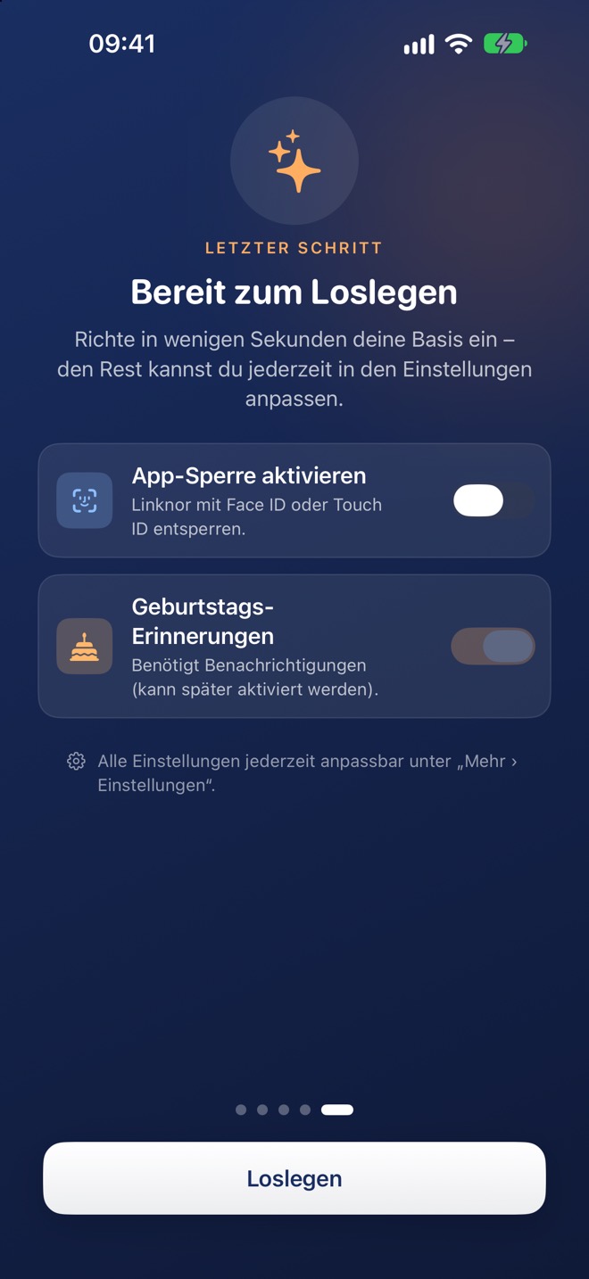 Letzte Seite: App-Sperre und Geburtstags-Erinnerungen, dann „Loslegen“.