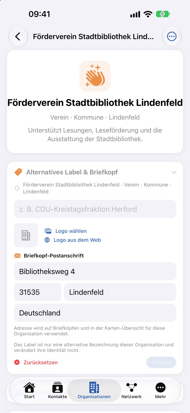 Kopfkarte mit Typ, Ebene, Ort und Beschreibung, darunter Label und Briefkopf