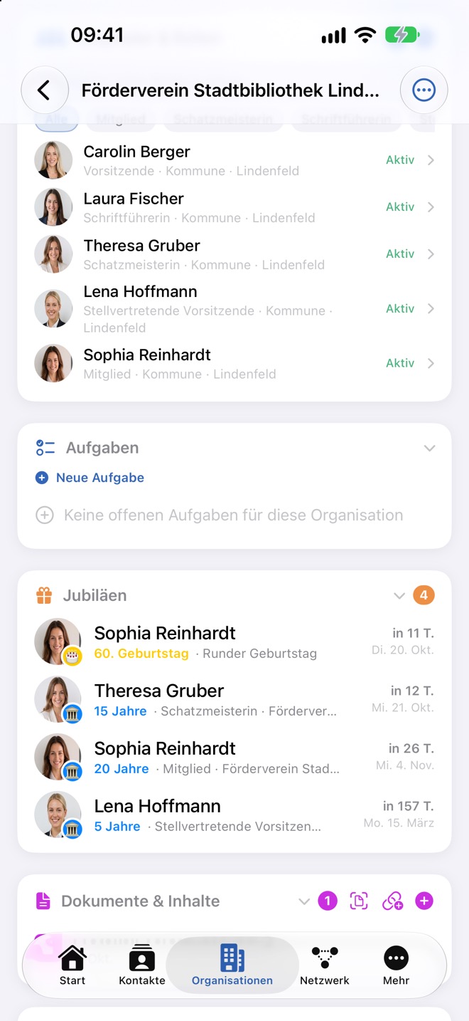Mitglieder mit Rolle und Status, darunter Aufgaben, Jubiläen und Dokumente