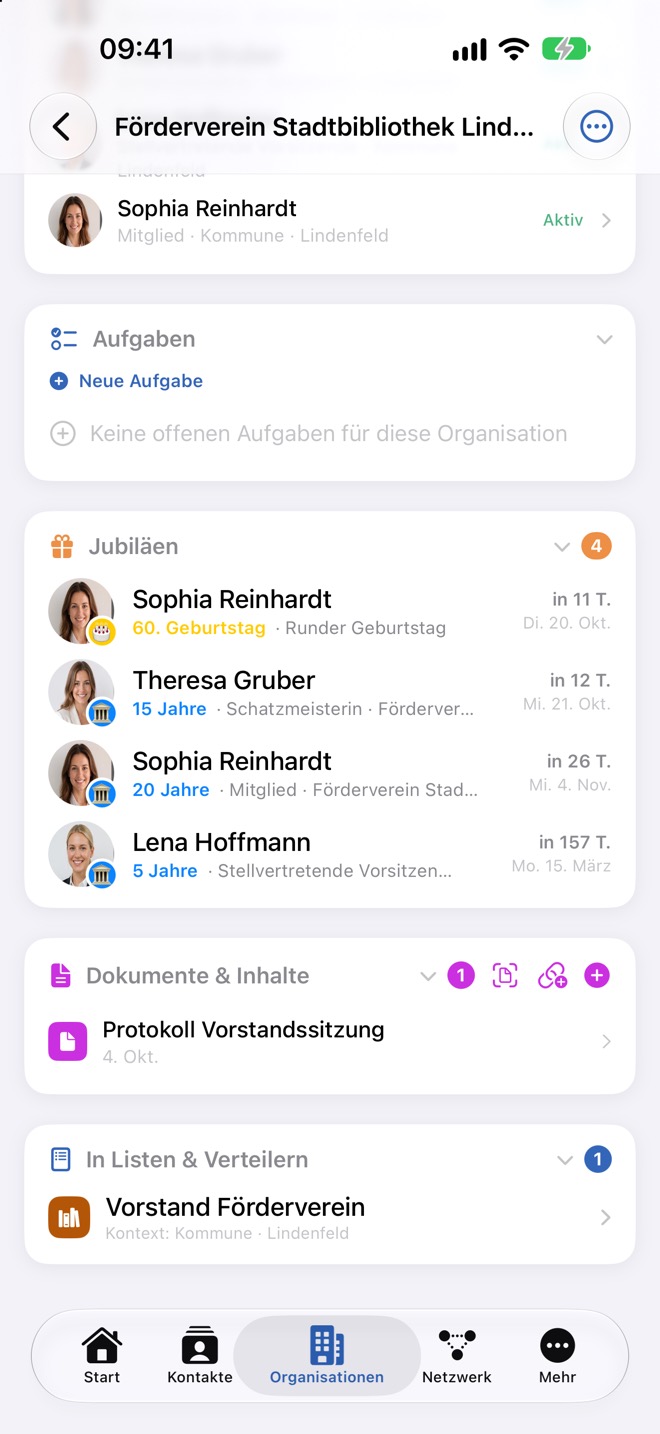 Untere Karten des Profils bis „In Listen & Verteilern“