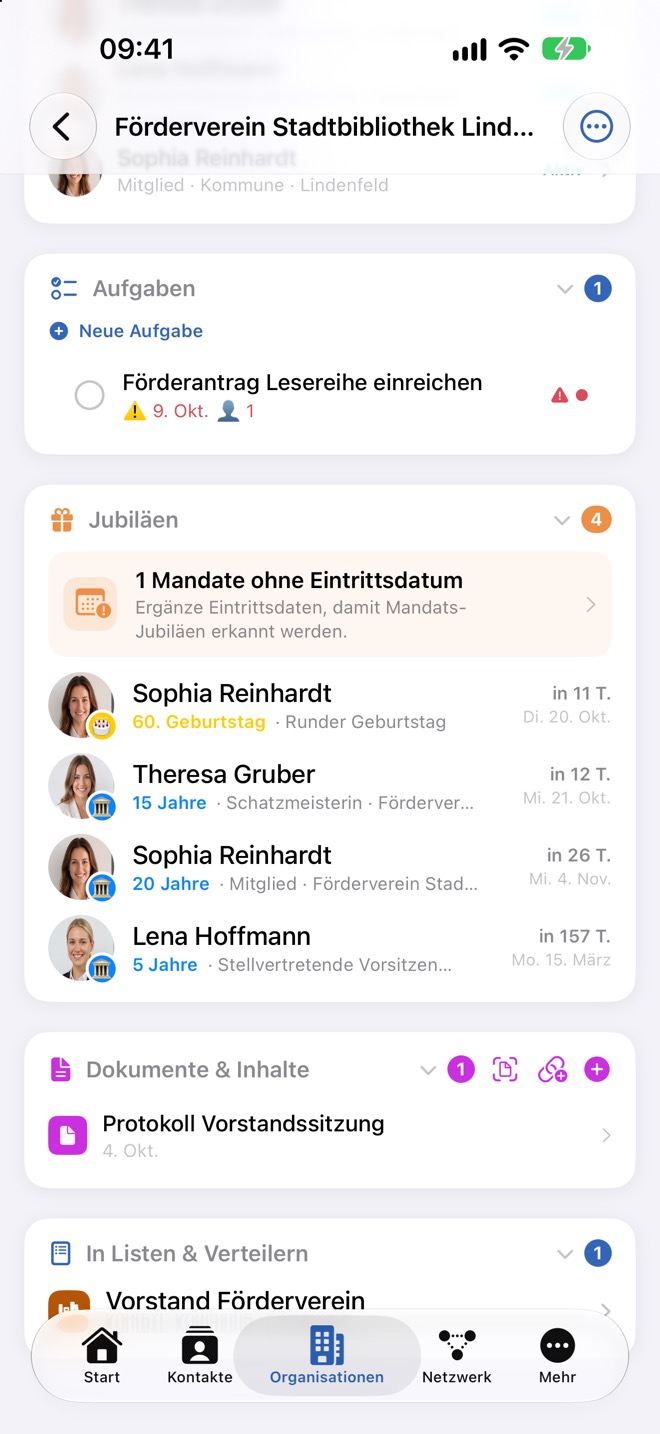 Offene Aufgabe und Jubiläen-Karte mit Hinweis auf fehlende Eintrittsdaten