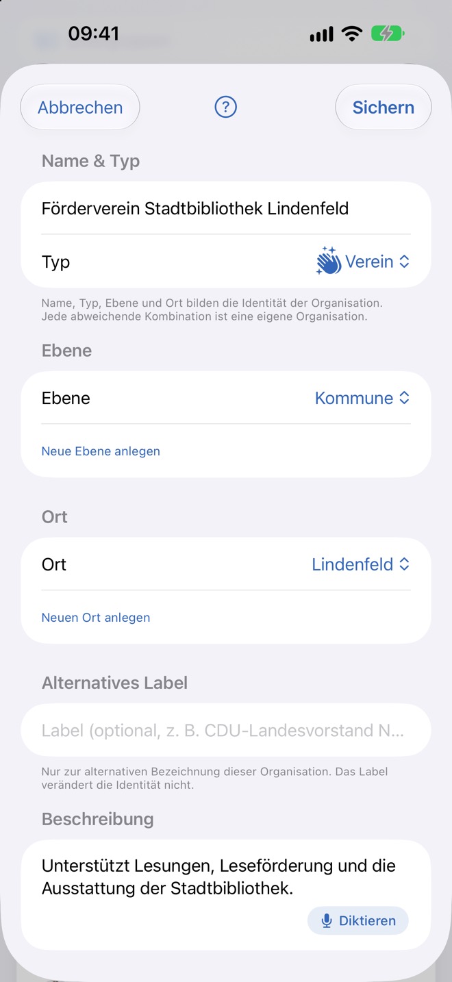 Formular „Organisation bearbeiten“ mit Name, Typ, Ebene, Ort, Label und Beschreibung