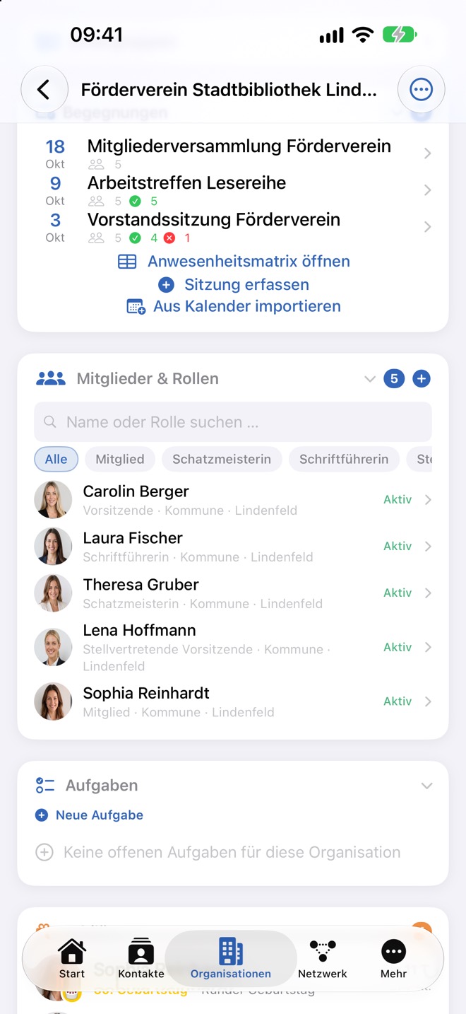 Karte „Begegnungen“ mit Sitzungen, Anwesenheitszahlen und den drei Aktionen