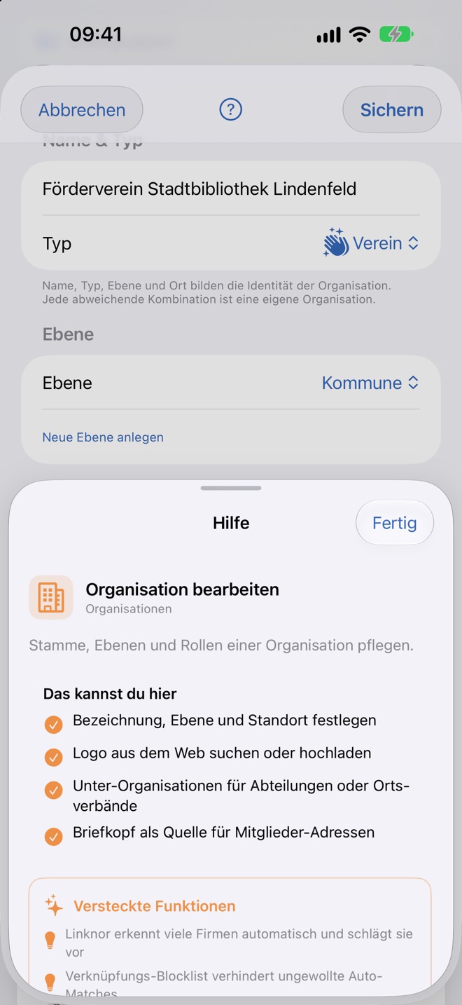 Die Hilfe-Blase beim Bearbeiten einer Organisation.