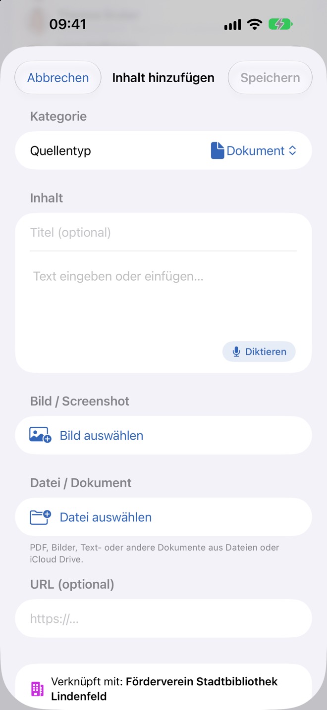 Blatt „Inhalt hinzufügen“, bereits verknüpft mit der Organisation