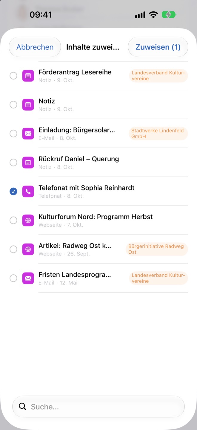 Blatt „Inhalte zuweisen“ mit einem ausgewählten Inhalt und „Zuweisen (1)“