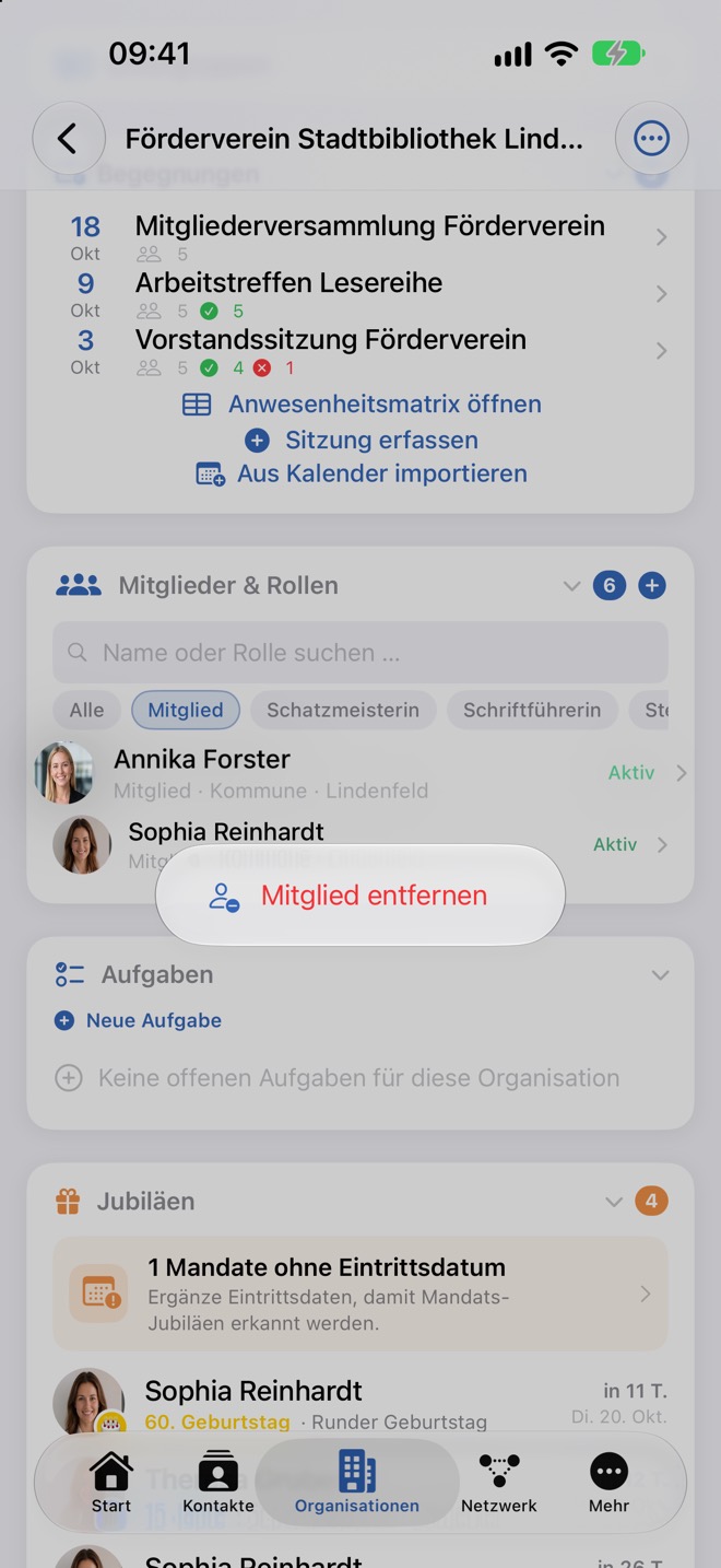 Langes Drücken auf ein Mitglied zeigt „Mitglied entfernen“
