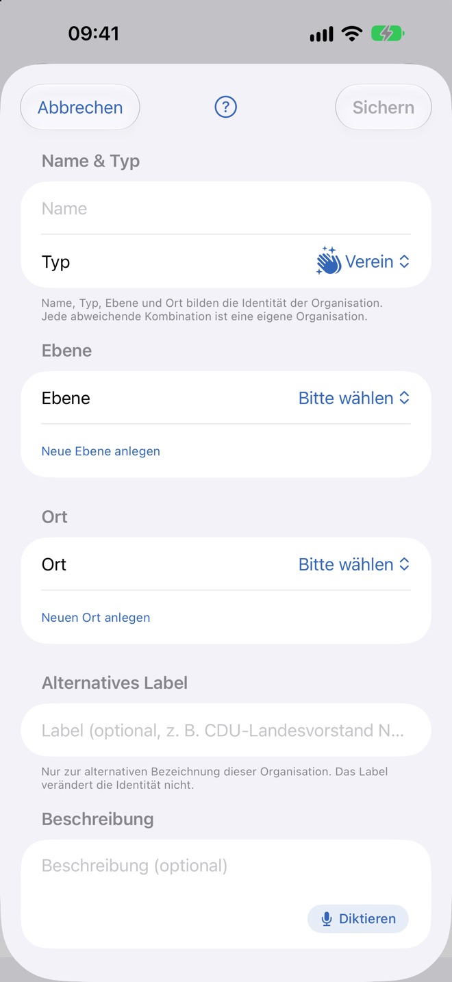 Leeres Formular „Organisation anlegen“; „Sichern“ ist noch inaktiv