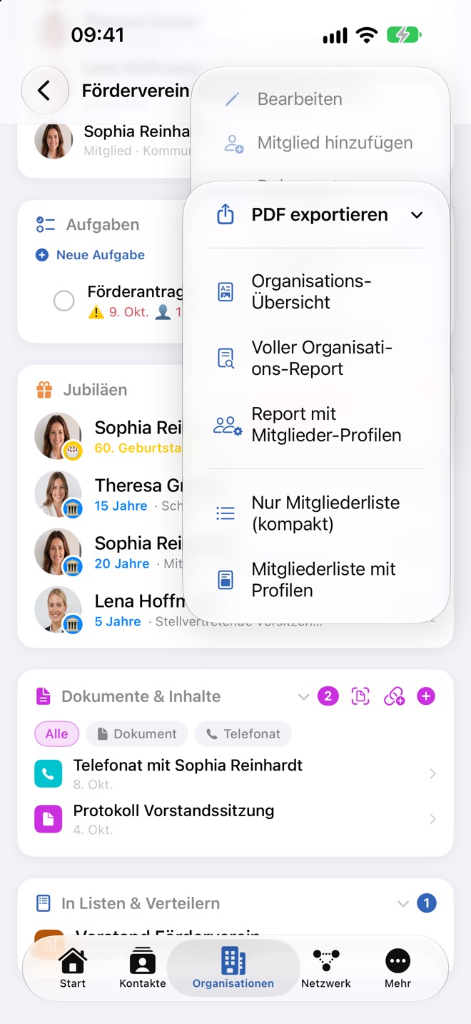Untermenü „PDF exportieren“ mit den fünf Varianten