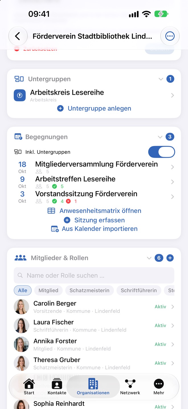 Karte „Untergruppen“, darunter Begegnungen mit dem Schalter „Inkl. Untergruppen“