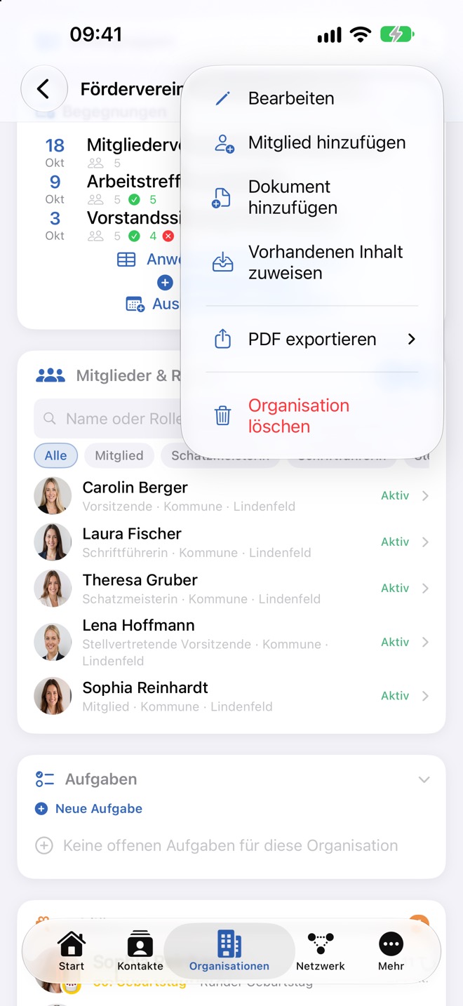 Menü „…“ mit Bearbeiten, Mitglied, Dokument, Inhalt, PDF-Export und Löschen