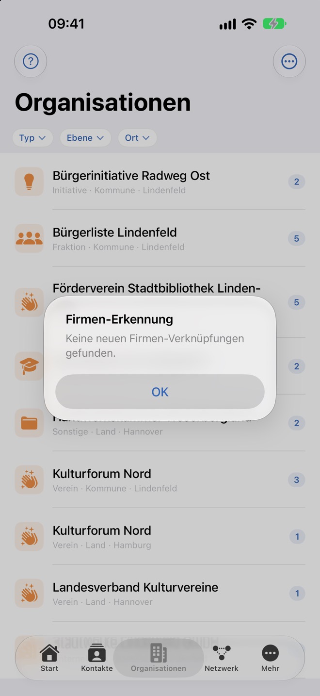 Ergebnis der Firmen-Erkennung, hier ohne neue Verknüpfungen